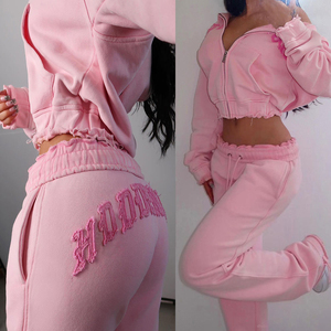 Custom Streetwear Sweatsuit Cut <b>Sew</b> Applique Distressed Embroidery Patch Cropped Hoodie and Sweatpants <b>Set</b> Tracksuits for Women - Product Image 3