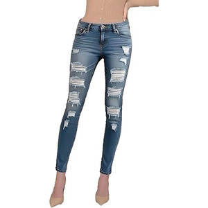 Women's Fashion Solid Color Mid-Waist <b>Stretch</b> Ripped Jeans Plus Size Casual Summer Skinny <b>Denim</b> with Button Decoration - Product Image 1