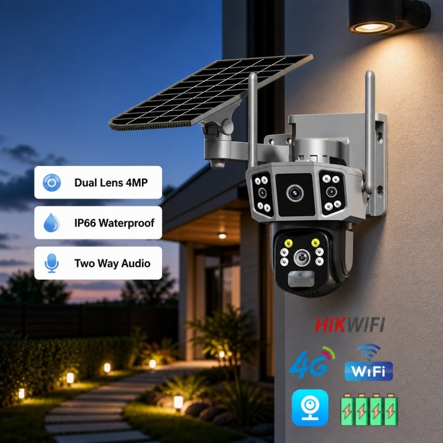 Solar Powered 4G Outdoor Security Camera PTZ Dual Lens 4MP WiFi Wireless IP CCTV H.265 with Human Detection Night Vision