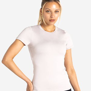 Camiseta elástica de longitud completa transpirable gris claro para mujer, camiseta de manga corta con cuello redondo de diseñador y camiseta de entrenamiento para gimnasio y Yoga - Product Image 4