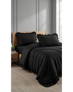 Parure de lit double moderne noire en polycoton avec taie d'oreiller, housse de couette, drap-housse et couvre-lit à volants pour la maison et l'hôtellerie - Product Image 4
