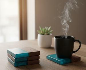 Sous-verres classiques en bois et résine écologiques, fabriqués à la main, avec un design géométrique, élégants pour la décoration de table, café, thé, maison - Product Image 4
