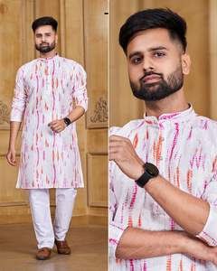 Indian Traditional Party Wear Italian <b>Silk</b> Shibori With Crochet Patternkurta With <b>Pyjama</b> for <b>Men's</b> at Low and Cheap Price - Product Image 2