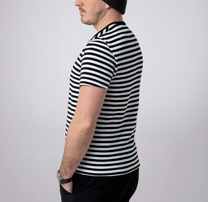 OEM Made Men's Stripe <b>Yarn</b> Dyed T-shirt O-Neck 180 GSM Lightweight Knitted <b>100</b>% Cotton Customizable Logo Labels Regular Fit - Product Image 2