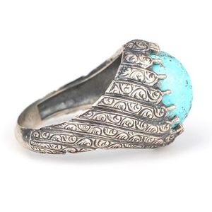 925 Sterling <b>Silver</b> Men's <b>Statement</b> <b>Ring</b> with Turquoise Stone and Oval Design Bezel Setting Hip-Hop Style for Everyday Wear - Product Image 2