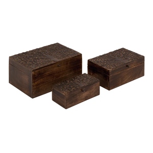 Boîte de rangement décorative florale en bois de manguier faite à la main de forme rectangulaire marron pour l'organisation de stockage de bureau de cuisine à domicile personnalisée - Product Image 1