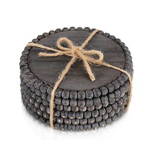 Posavasos de madera de acacia natural, juego de posavasos redondo con cuentas, lote de 6 unidades - Product Image 1
