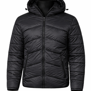 Veste matelassée à capuche noire pour homme, matelassage chevron, légère, pour l'hiver, fabrication sur mesure OEM ODM, vente en gros - Product Image 1