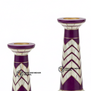 Proveedor indio ofrece candelabros cónicos con incrustaciones de concha/fregona de lujo, patrón geométrico de Chevron púrpura y blanco - Product Image 4
