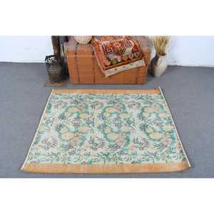 Vintage Turkish Accent Rug 3.6x4.4 ft, <b>Yellow</b> Green Oriental Rug - Product Image 3