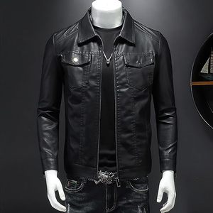 Veste en cuir pour hommes Moto Noir Blousons motard Vintage Faux Cuir Outwear Casual Léger - Product Image 5