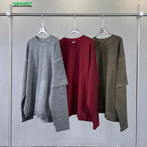 High Quality 100% Cotton Heavyweight Oversized Washed Men's <b>Two</b> Piece Spliced <b>Double</b> Layer Short Sleeve Knitted Breathable - Product Image 1