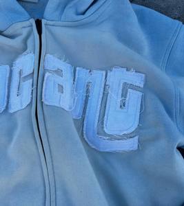 Sudadera con Capucha Personalizada para Hombre, Estilo Francés, con Parches Bordados, 100% Algodón, Lavado Ácido Decolorado al Sol, Talla Grande, con Cierre, para Primavera - Product Image 4