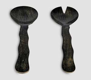 Ensemble de serveurs à salade en bois brun foncé artisanal de luxe avec des poignées ergonomiques ondulées uniques, grande cuillère à mélanger et fourchette de service - Product Image 3