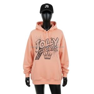 เสื้อฮู้ดผ้าฝ้าย GSM สำหรับผู้หญิงผ้าคอตตอนโพลีเอสเตอร์มีฮู้ดเสื้อสวมหัวสีพีชดีไซน์พลอยเทียมตามสั่ง - Product Image 1