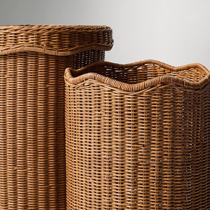 Set of 2 Dark Brown Scalloped Rattan <b>Laundry</b> <b>Baskets</b>, Tall Cylindrical Handwoven Wicker Hampers for Luxury Hotel & Home - Product Image 3