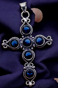 Classique Vintage en argent Sterling fait à la main Style bohème croix pendentif bleu Royal saphir antique pierres précieuses réglage de lunette - Product Image 2