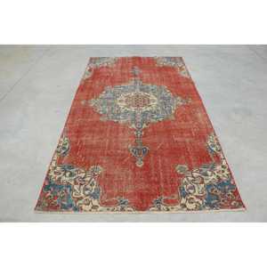 4.7x8.5 ft Area Turkish Rug, Vintage Rug, <b>Red</b> Blue Striped <b>Wool</b> Rug - Product Image 1