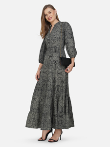Sati Factory femmes décontracté été Maxi robe col en v manches longues noir gris Paisley motif chute de taille à plusieurs niveaux Flare - Product Image 3