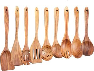 Juego de utensilios de cocina de madera de teca natural o acacia de CENTURIES con soporte para cuchara Juego de cucharas de cocina de madera y soporte para utensilios - Product Image 2
