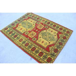 Vintage Turkish Rug, 4x5.3 ft Accent Rug, Red <b>Yellow</b> Oriental <b>Wool</b> Rug - Product Image 4