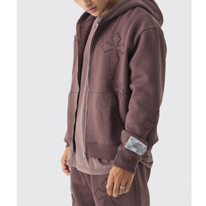 High Quality Cotton Man Tracksuits Oversized Boxy <b>Applique</b> Cross Full Zip Streetwear Screen Printed Jogger Set-Loose Relax - Product Image 2