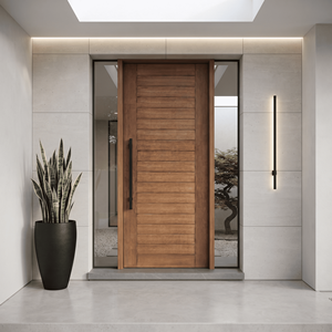 Puerta de entrada interior de madera de ingeniería con marco sólido de Merbau, listones horizontales, puerta principal exterior/interior con manija larga negra. - Product Image 3