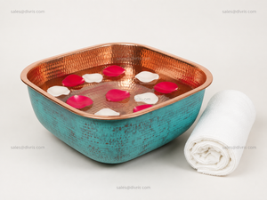 Handcrafted Copper Pedicure Bowl With Hammered Texture <b>Teal</b> Exterior For Spa Use - Product Image 4