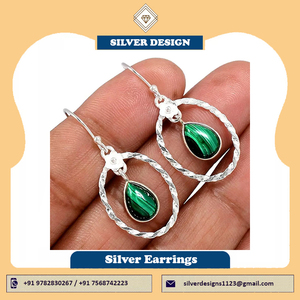 Bijoux de créateur originaux Boucles d'oreilles en argent sterling 925 avec lunette en forme de poire et pierres précieuses en malachite pour femmes - Product Image 2