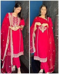 Juego de 3 piezas de color rosa y rojo en chinnon puro con trabajo de secuencia de bordado estilo pakistaní cosido listo para usar Salwar Kameez - Product Image 2