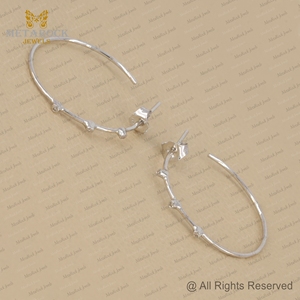 Boucles d'oreilles en or blanc massif 14 carats bijoux en diamant pavé blanc naturel cadeau pour elle boucles d'oreilles créoles faites à la main bijoux de mariage - Product Image 3