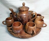 Service à thé en bois de coco de luxe moderne fait main, avec pot et plateau, logo personnalisé, 10 pièces