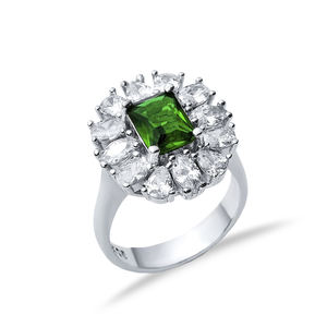 Rectangle <b>Emerald</b> CZ Stone Cluster <b>Ring</b> Turkish Handmade Wholesale 925 Sterling <b>Silver</b> Jewelry - Product Image 3