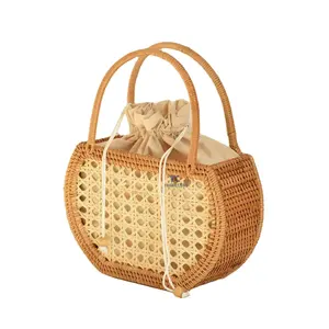 Handmade Women French Style Rattan Handle Shopping Rattan Bamboo Basket Bag Vietnam Wholesales Rattan Bags