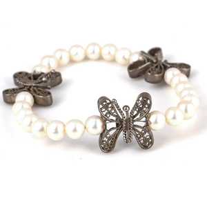 925 Sterling <b>Silver</b> Filigree <b>Bracelet</b> with Pearl & Butterfly Elegant <b>Bangles</b> for Women - Product Image 1