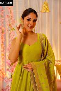 Las nuevas mujeres de diseñador usan seda romana pesada con vestidos Anarkali largos interiores con imitación Georgette Dupatta con borde de encaje elegante - Product Image 2