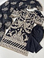 Ensemble haut et pantalon pour femme en faux georgette lourd et élégant avec broderie et bordure de perles, et dupatta assorti - Tenue de soirée/mariage de haute qualité
