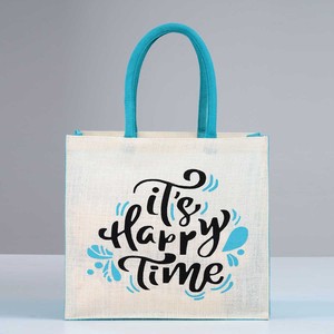 Sac de plage fourre-tout en jute à poignée rembourrée avec combinaison bleu ciel et blanc et prix abordable fabriqué à Kolkata en Inde - Product Image 1