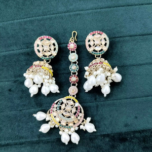 Bijoux indiens plaqué or cristal Floral Maang Tikka boucles d'oreilles ensemble de bijoux de mariée pour femmes indien boucle d'oreille Tikka bijoux - Product Image 1