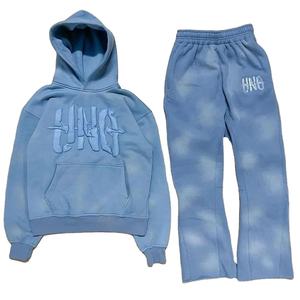 2024 Acid Wash 3D <b>for</b> Puff Print Distressed Tracksuit Eco-Friendly 100% Cotton Stacked Flared Sweatpants Hoodie Drawstring - Product Image 1