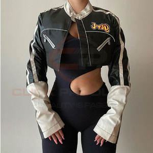 แจ็กเก็ตหนังเอวลอยใส่สบายสำหรับผู้หญิงแจ็กเก็ตหนังครอปหนังดีไซน์ใหม่ผ้าแคนวาสระบายอากาศได้ดี - Product Image 6