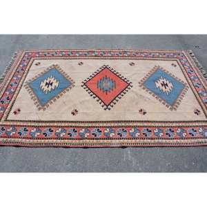 Traditionnel Beige Bleu 5.5 X 8.9ft Grande Surface Écologique Moyen Pile Aubusson Laine Tapis Vintage Turc Patchwork Salle À Manger - Product Image 4