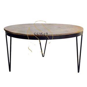 Dernière table ronde centrale en bois et métal de design indien artisanal simple et industriel - Product Image 1