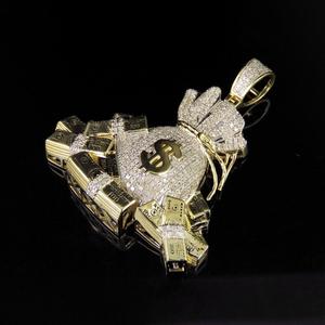 Pendentif sac en argent glacé 1 ct Moissanite taillé en or jaune 14 carats Rappeur Hip Hop Bijoux Diamant Laiton Matériel Pendentifs fins Charms - Product Image 4