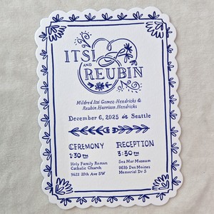 300g coton papier typographie invitations de <span class=keywords><strong>mariage</strong></span> Double couche bleu et blanc découpé au Laser bord festonné cartes en relief impression personnalisée - Product Image 2