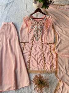 Última Colección, Conjunto de Kurti, Palazzo y Dupatta de Seda Chinon Pura para Mujer Adulta, Bordado con Lentejuelas, con Encaje de Monedas Doradas, Estilo Indio - Product Image 4