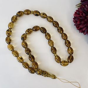 Misbaha en ambre vert de la Baltique, perles d'olivier naturelles avec des inclusions végétales - Product Image 6