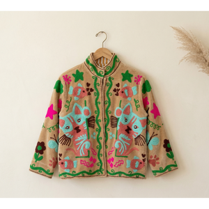 Blouson Bomber Réversible Bestia Suzani Brodé à la Main en Satin de Lin Durable, Cuir et Fourrure Style Bohème pour Printemps Automne - Product Image 5