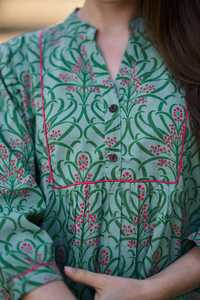 Shey Hand Block Printed Cotton Dress Boho Floral <b>Green</b> <b>Pink</b> Casual Summer Wear - Product Image 4