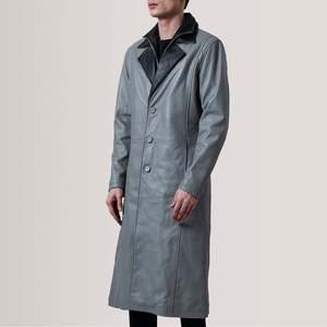 Manteau long à simple boutonnage pour homme Charlton, en tissu de laine, avec capuche, décorations boutonnées, style trench imprimé, aspect cuir gris - Product Image 3